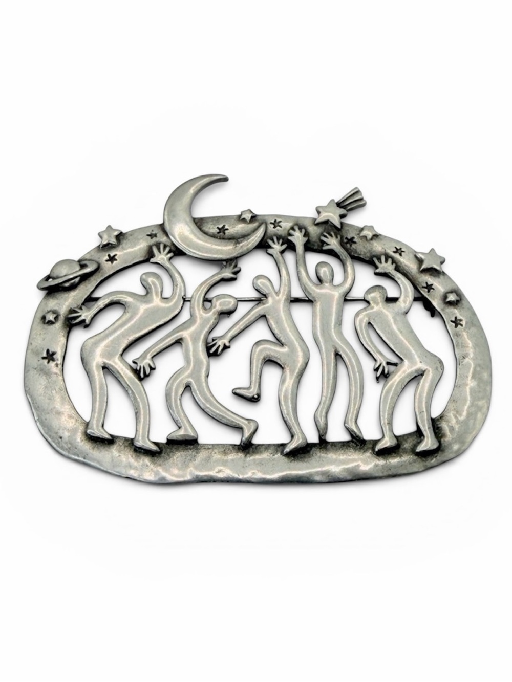 JJ Jonette Jewelry Co Pewter Style Tribal Dancers Saturn Moon Star Pin Vintage